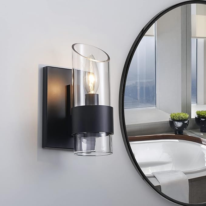 WUZUPS Set of 2 1-Light Bathroom Wall Light Fixture Over Mirror Class Shade Morden Vanity Scones for Bathroom Bedroom Living Room, E12 Base, Black