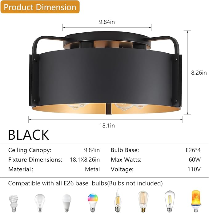 Flush Mount Ceiling Light, 4-Light Industrial Ceiling Light Fixture Matte Black with Gold Inside Kitchen Ceiling Lights for Living Room Kitchen Island Dining,E26 Base(Not Included Bulb)