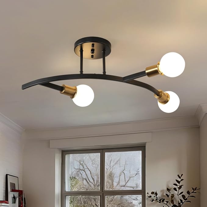 3-Lights Modern Sputnik Semi Flush Mount Ceiling Light Fixture Black and Gold,Mid Centur Minimalist sputnik Chandelier for Hallway,Dining Room,Bedroom,Kitchen,Living Room(Bulbs Not Included)