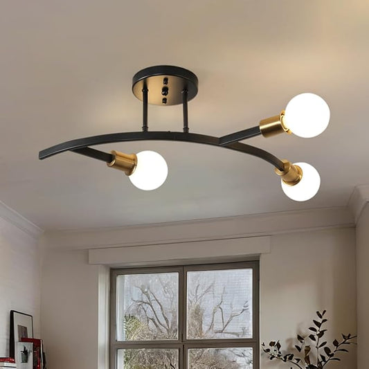 3-Lights Modern Sputnik Semi Flush Mount Ceiling Light Fixture Black and Gold,Mid Centur Minimalist sputnik Chandelier for Hallway,Dining Room,Bedroom,Kitchen,Living Room(Bulbs Not Included)