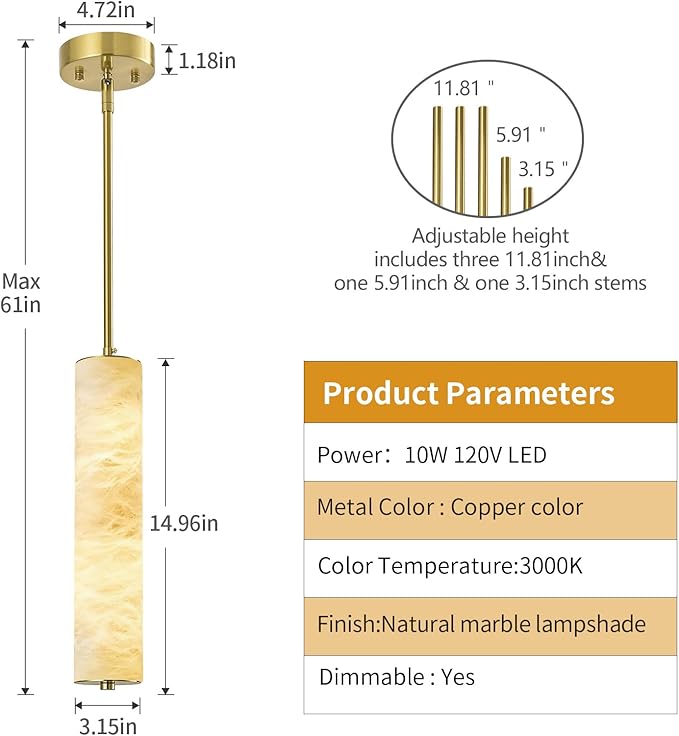 LMQNINE Natural Alabaster Pendant Lights White Marble 15" Long Tube Adjustable Boom Chandelier Modern 3000K Gold Ceiling Light for Kitchen Island Bedroom Dining Room Living Room Hallway(S-1Pack)