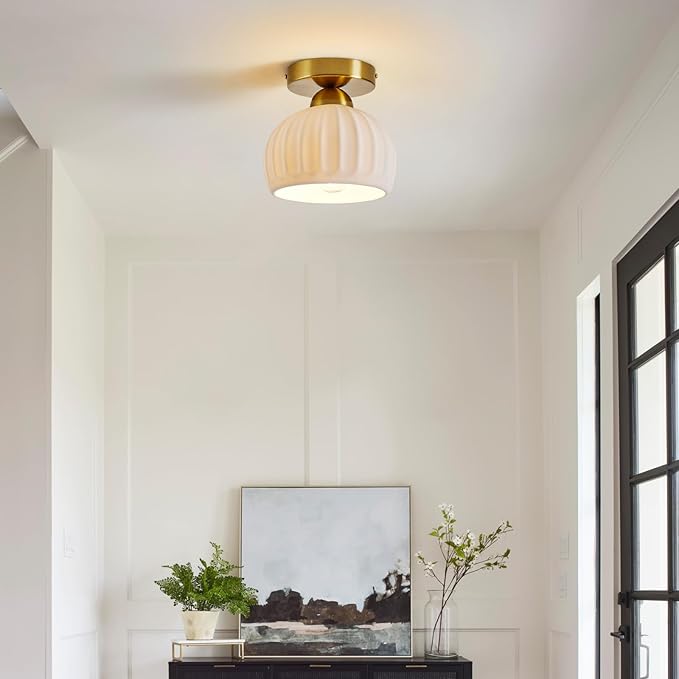 Vintage Ceramic Semi Flush Mount Ceiling Light - 2 Pack, Gold Hallway Light Fixtures, White Globe Ceiling Lights,Mid Century Small Chandelier Light Fixture for Cottage Entryway Laundry Room Kitchen