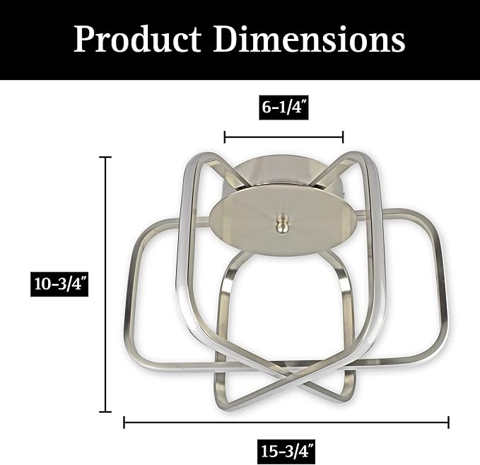 Ultralux 15 inch Modern Brushed Nickel Atom Ceiling Light Fixtures, Bright and TRIAC Dimmable, 2050 Lumens 3000K, Integrated LED Light Fixture for Living Room or Kitchen LED Flush Mount Ceiling Light