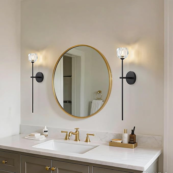 Black Crystal Wall Sconces with G9 Bulbs, Mid Century Modern Diamond Decor Light Brass Vintage Long Lighting Fixture Hardwired for Elegant Vanity Living Room Bedroom Bathroom Hallway