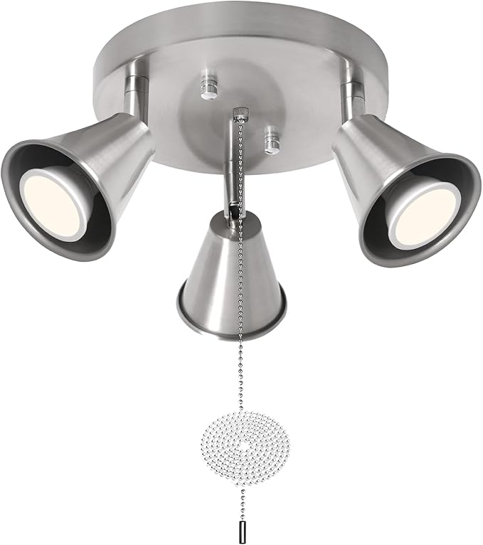 SEEBLEN 3-Light Industrial Directional Track Lighting with Pull Chain On/Off, Adjustable Round Ceiling Spotlight, Morden Nickel Flush Mount Kitchen Light for Hallway,Dining Room,Gu10 Bulbs Included