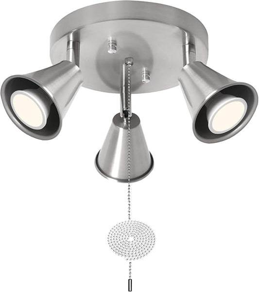 SEEBLEN 3-Light Industrial Directional Track Lighting with Pull Chain On/Off, Adjustable Round Ceiling Spotlight, Morden Nickel Flush Mount Kitchen Light for Hallway,Dining Room,Gu10 Bulbs Included