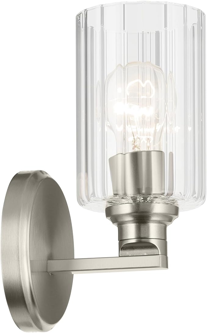 Kichler Gioe 5" 1-Light Wall Sconce with Clear Fluted Glass in Brushed Nickel, Damp Rated, for Powder Room, Kitchen, Hallway, Bedroom, Fireplace, (5" W x 9.5" H), 55224NIFLU
