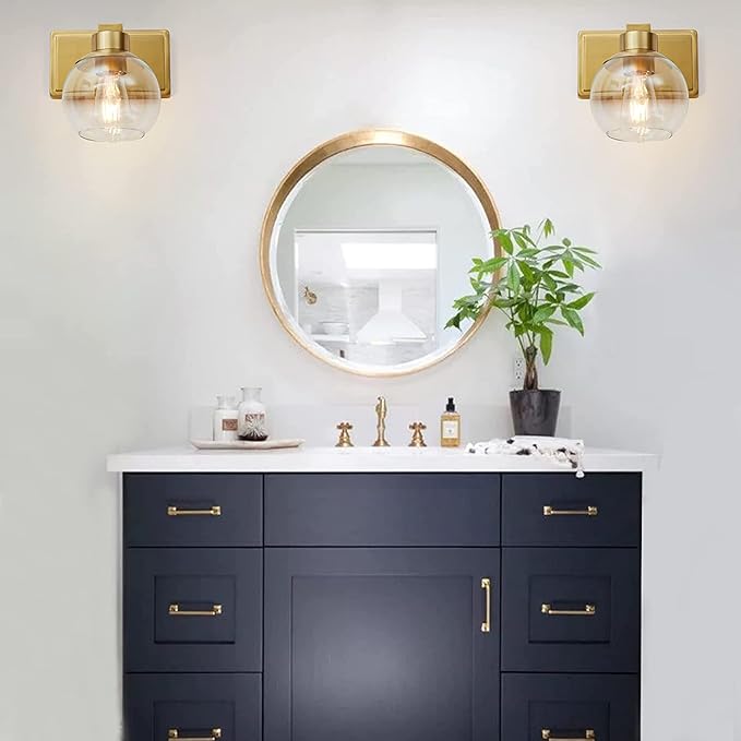 Brushed Brass Bathroom Sconces Set of 2, Gold Wall Sconces Set of Two, Bathroom Vanity Light with Clear Glass Shade, Modern Wall Light Fixtures for Bath Mirror Hallway Bedroom Living Room, Hardwired
