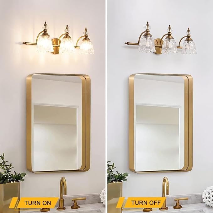 Brushed Gold Bathroom Vanity Light, Farmhouse Brass Bathroom Light Fixtures Over Mirror, 3 Light Vanity Lighting Fixtures, Flower Glass Shade Wall Sconce Lighting