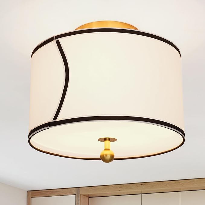 12.6" Drum-Shaped White Fabric Flush Mount Ceiling Light with 3-Light Fixture, Recessed Roll-in Installation, Ideal for Living Room, Bedroom, Bathroom, Farmhouse Foyer