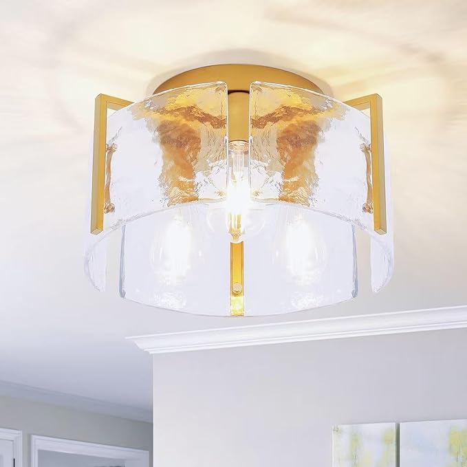 Modern 3-Light Semi Flush Mount Ceiling Light, Gold with Water Ripple Glass Shade, Farmhouse Close to Ceiling Light Fixture for Hallway, Bedroom, Kitchen, Living Room, Entryway
