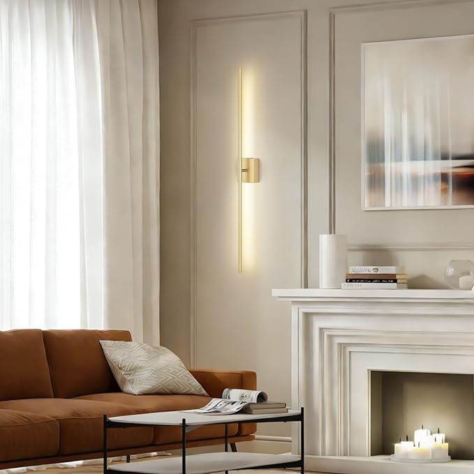 Battery Operated Wall Sconce, 5CCT Dimmable Gold Wall Lights with Remote Control, Timable LED Wireless Wall Sconces, 350° Ratate for Bathroom, Living Room, Hallway 39.4 Inch 1 Pack