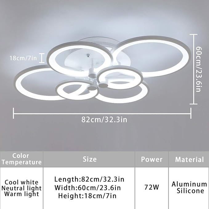 Ganeed LED Ceiling Light Fixture with Remote Control,72W Modern Acrylic Chandeliers,Dimmable Light Color Flush Mount Ceiling Lamp 6 Heads for Dinning Room Bedroom Kitchen Light Fixtures,3000-6500K