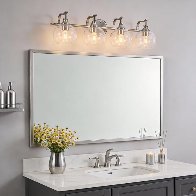 ANDY STAR Brushed Nickel Vanity Lights for Bathroom, 4 Light Vanity Light Brushed Nickel, Farmhouse Vanity Lighting Fixtures, 30.5 Inch Modern Silver Wall Sconce, E26 Base Bulbs Required, UL Certified
