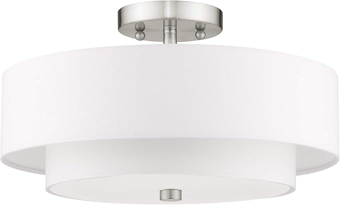 Livex Lighting 51044-91 Brushed Nickel Flush Mount with Off-White Fabric Hardback Shade