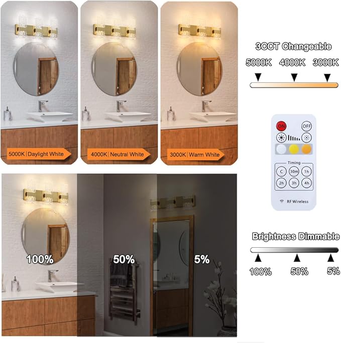 Modern Brushed Gold 6-Lights Bathroom Vanity Light, Eleglant Brass LED Bathroom Light Fixtures over Mirror, Dimmable Acrylic Shade Wall Lighting Fixtures, Hardwired Wall Light(H9.25in, L21.26in)