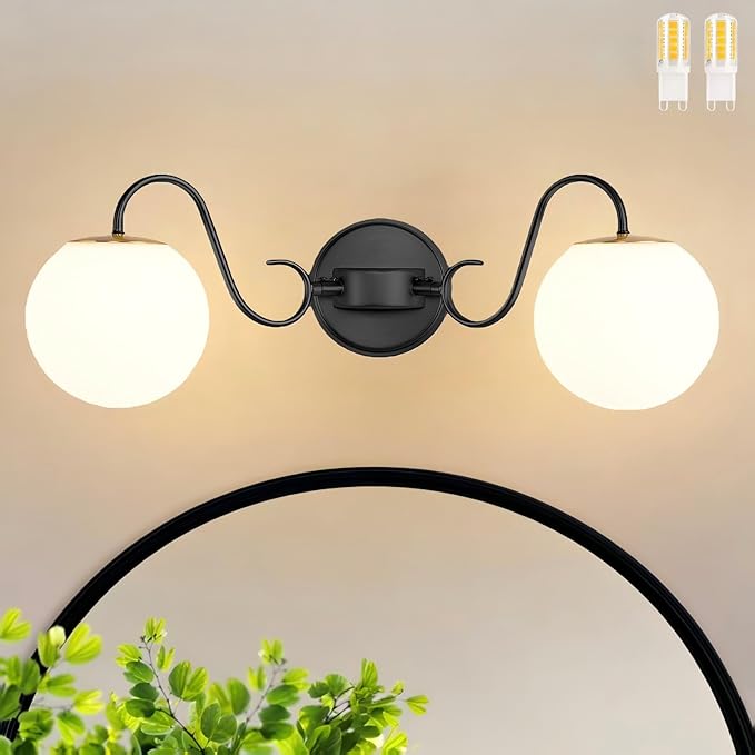 2 Lights Vintage Bathroom Vanity Light Fixtures Over Mirror, Matte Black Vanity Lights For Bathroom With Milk White Glass Globe Shade, Wall Lights For Bedroom, Hallway, Dressing Table(Includ G9 Bulbs)