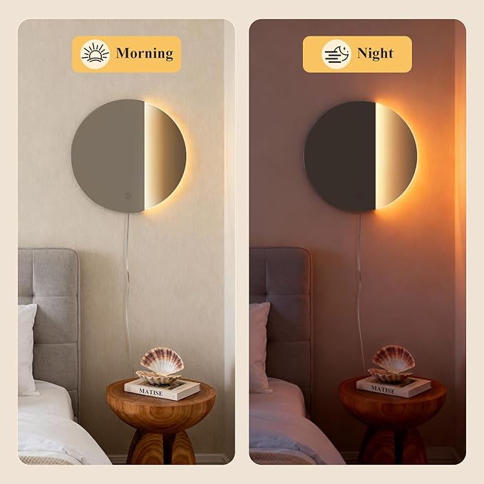 ONEWISH LED Wall Sconce, Dimmable Mirror Wall Lamp,16.93 inch Round Wall Lights for Bedroom with Memory Function, Wall Lamps for Living Room Entryway, Smoky Gray