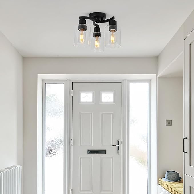 WILON Black Flush Mount Ceiling Light, Farmhouse Kitchen Lighting Fixtures Ceiling Mount, 3-Light Clear Glass Semi Flush Mount Ceiling Light Fixture for Hallway Entryway Foyer Bedroom Laundry Room