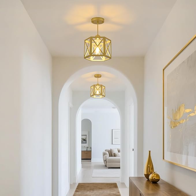 XSDeTu 2 Pack Gold Pendant Lights, Modern Farmhouse Hanging Light Fixture with Hexagonal Cage, Vintage Brass Metal Ceiling Lights, Adjustable Lantern Pendant Lighting for Kitchen Island Sink Hallway
