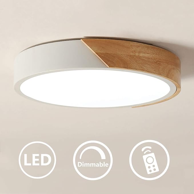EDISLIVE Modern Minimalist LED Round Shaped Flush Mount Ceiling Light with Remote Control - Dimmable, Wood & Metal & Acrylic, 19 Inch, White
