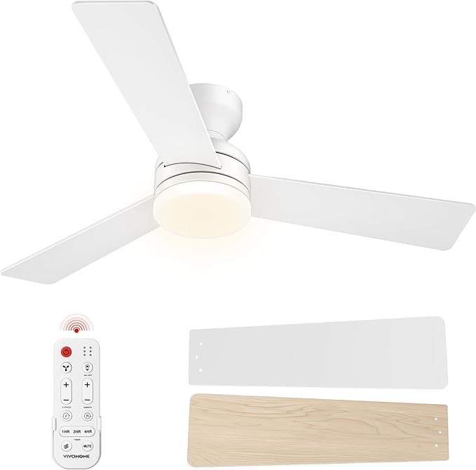 VIVOHOME Ceiling Fans with Lights, 42 inch Low Profile Ceiling Fan with Light and Remote, Flush Mount for Bedroom, Living Room, Garage, 6+1 Speeds, 3CCT, Dimmable, Timer, Quiet Reversible, White
