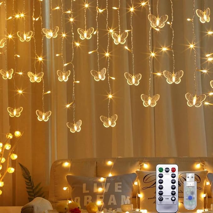 Lainin USB Powered 13FT 96 LED Curtain Lights 16 Butterflies Twinkle Lights 8 Modes Fairy Light Strip for Party Indoor Outdoor Room Garden Wedding Christmas Xmas Decor (Warm White)