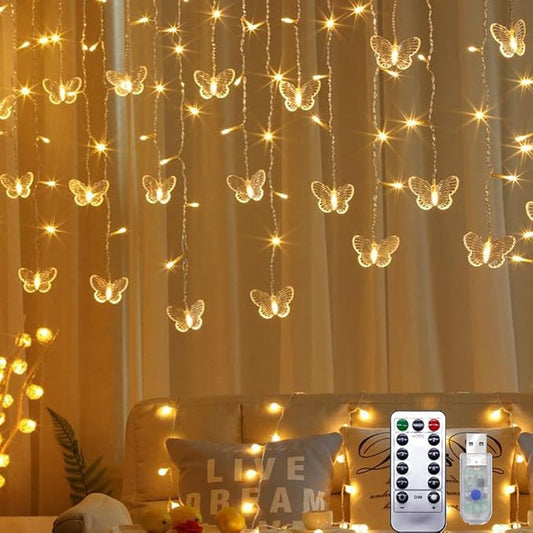 Lainin USB Powered 13FT 96 LED Curtain Lights 16 Butterflies Twinkle Lights 8 Modes Fairy Light Strip for Party Indoor Outdoor Room Garden Wedding Christmas Xmas Decor (Warm White)