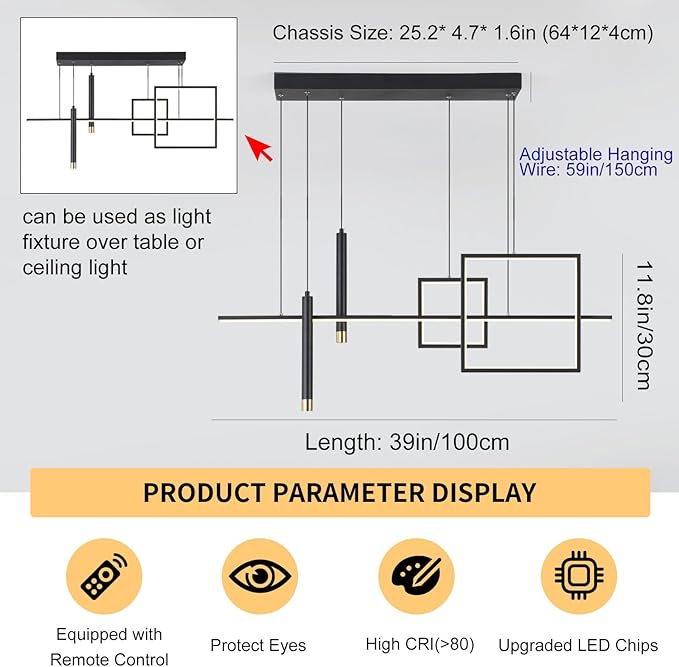 ORANOOR Modern LED Chandelier Lighting, Dimmable Linear Black Pendant Light with Squares, 39in Dining Room Hanging Light Fixture, Kitchen Island Pendant Light for Dining Table Bar (3000lm/50W)