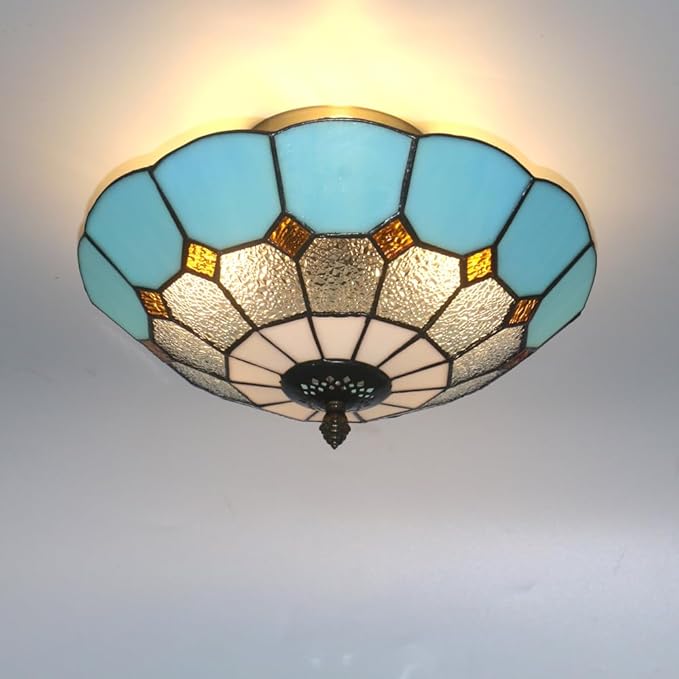 12 Inch Tiffany Style Vintage Stained Glass Ceiling Light Flush Mount Ceiling Light Pendent Chandelier Lighing Fixtures (12 Inch Blue B)