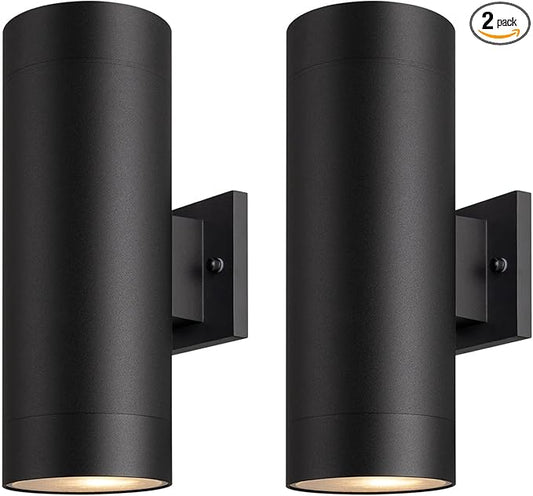 mirrea 14" Modern Outdoor Porch Light Patio Light in 2 Lights with Aluminum Cylinder and Tempered Glass Cover Waterproof Wall Sconce 2 Pack (Matte Black)