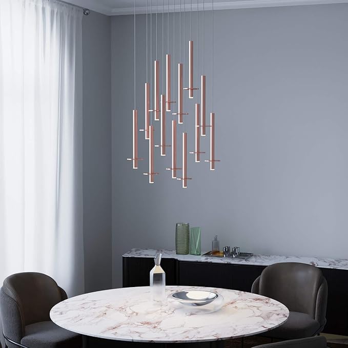 Draco 13 Pendant Lighting Copper – LED Hanging Light Fixture for Kitchen Island, Bar, Foyer – Equilateral Cluster of Mini Metal Rod Pipe Tube Cylinders – Dimmable, Adjustable Wire, Lamp Bulb Included