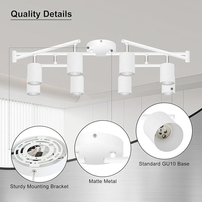 AUQUEE 8 Light Track Lighting Fixtures Ceiling, Matte White Kichen Track Lighting Fixtures, Rotatable Light Heads, Adjustable Modern LED Track Lights for Kitchen/Hallway, No GU10 Bulb