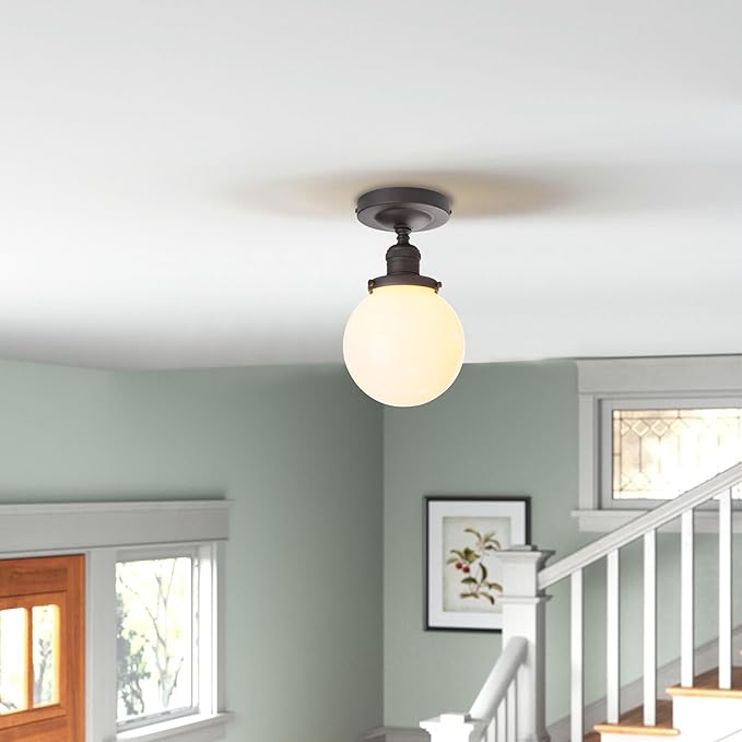 PERMO Modern Semi Flush Mount Ceiling Pendant Light Ceiling Lights with Milk White Globe Glass Lampshade for Bedroom Entryway Corridor (Black)