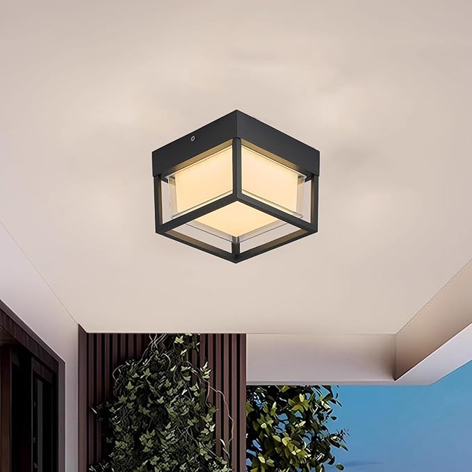 Outdoor Ceiling Porch Light LED Flush Mount for Wall or Ceiling, Square Exterior Wall Lamp for Front Porch,Garage, Hallway, Patio, 3000K, 15W, 6.3inch(Black)