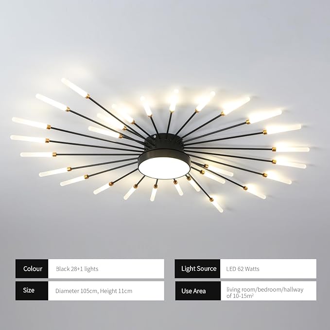 JAYMP 41.3" Ceiling Light Modern Flower Shape Ceiling Lamp for Living Room Dining Room Flush Mount Metal Acrylic Sputnik Firework Petal LED Lighting Fixture (Matte Black, 28+1 Lights)