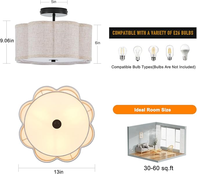 Semi Flush Mount Ceiling Light, Beige Linen Fabric Shade Ceiling Light, Black Modern Farmhouse Close to Ceiling Light for Bedroom, Hallway, Living Room, Dining Room, Laundry Room