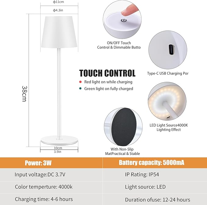 IMQSQIK 2 Pack Cordless Table Lamp, 5000mAh Portable Rechargeable LED Desk Lamp, 3 Color Modes Stepless Dimming Table Light with Memory Function, for Dinner, Patio, Home, Restaurant.