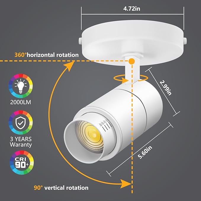 VANoopee 3-Color Zoomable LED Ceiling Spotlight Flush Mount Adjustable Spotlight Directional Dimmable Spot Lights Indoor Bright Accent Fixture for Living Room Bedroom - CRI90 15-55° 20W 2000lm White