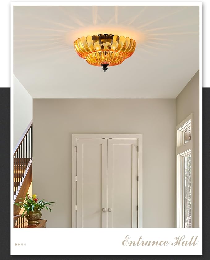 ANYLOVE Modern 12Inch Amber Flower Glass Semi Flush Mount Ceiling Light, 3 Light for Living Room Bedroom Hallway Entryway Foyer