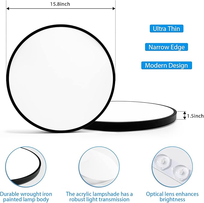 15.8 Inch LED Flush Mount Ceiling Light 2PACK, 30W Black Kitchen Light Fixtures (200W Equi) 2400lm, 5000K Daylight Round Light Fixture Mount for Hallway, Bedrooms, NOT-DIMMABLE