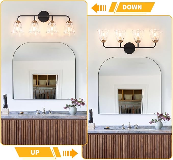 Daunton 4-Light Vintage Vanity Light, Black and Gold Bathroom Vanity Light Fixtures Over Mirror, Elegant Bathroom Light Fixtures with Clear Glass Shade, Wall Sconce Lighting for Bedroom, Living Room