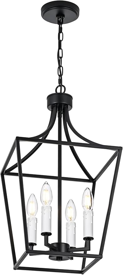 4-Light Black Lanter Chandelier, Height Adjustable Hanging Lighting, Farmhouse Dining Room Pendant Light Fixture for Kitchen Island Entryway Staircase, E12 Bulb Base