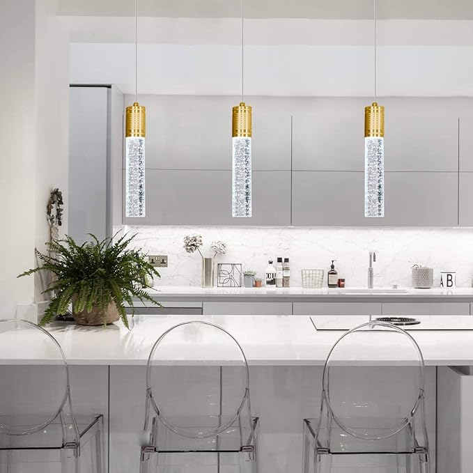 HAIXIANG Set of 3 Pendant Lights for Kitchen Island, White Light, Gold Crystal Linear Pendant Lighting, Bar Corner LED Light Fixtures Glam Drop Light