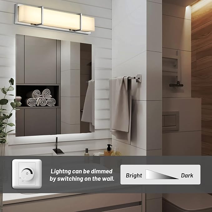 Vanity Lights 27In Warm White Bathroom Lighting Fixtures Over Mirror 28W 3000k Dimmable Modern Brushed Nickel Vanity Light for Toilet, Kitchen, Cabinet, Wall