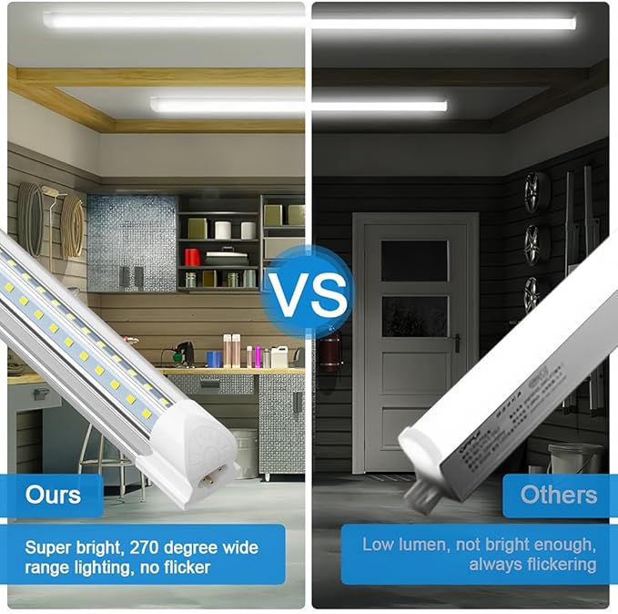 SHOPLED LED Shop Light 5FT, 50W 6500LM 6000K Cool White, V-Shape T8 Linkable LED Tube Lights, Work Shop Lights for Garage, Workbench, Basement, ETL Listed, 4 Pack
