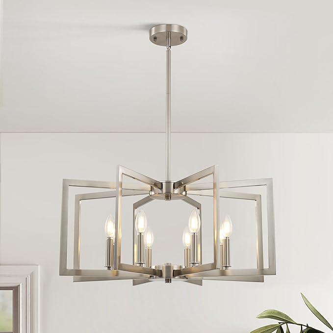 Klgxnrd 8-Light Modern Farmhouse Brushed Nickel Chandeliers for Dining Room, Large Industrial Kitchen Table Chandelier, Metal Geometric Hanging Light Fixture for Living Room Entryway Foyer Stairway