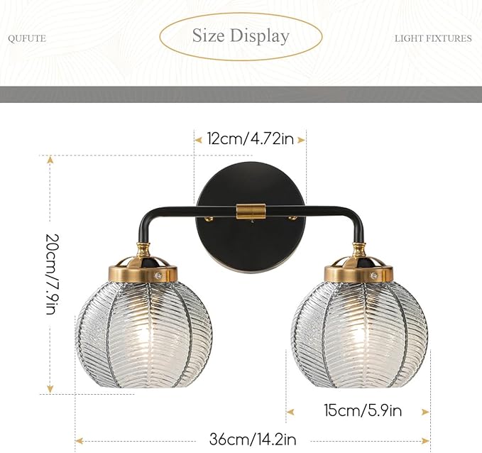 Vintage Bathroom Vanity Light Fixture Modern Wall Sconce Over Mirror with Ribbed Smoky Gray Globe Lamp Shade Mid Century Black Gold Vanity Lights Fixtures for Farmhouse Dining Room