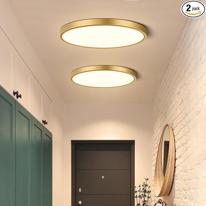 2Pack 9Inch LED Ceiling Light Fixture Flush Mount, 18W(180W Equivalent), 1800LM, 3000K Warm White, IP40, Flat Modern LED Ceiling Lights for Bedroom, Living Room, Bathroom, Stairwell, etc.(Gold)