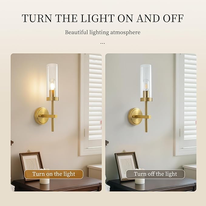 HOREVO Brushed Gold Wall Sconce, Modern Hardwired Light Fixture for Bathroom Vanity, Bedroom, Hallway, E26/E27 Compatible, Bulb Not Included